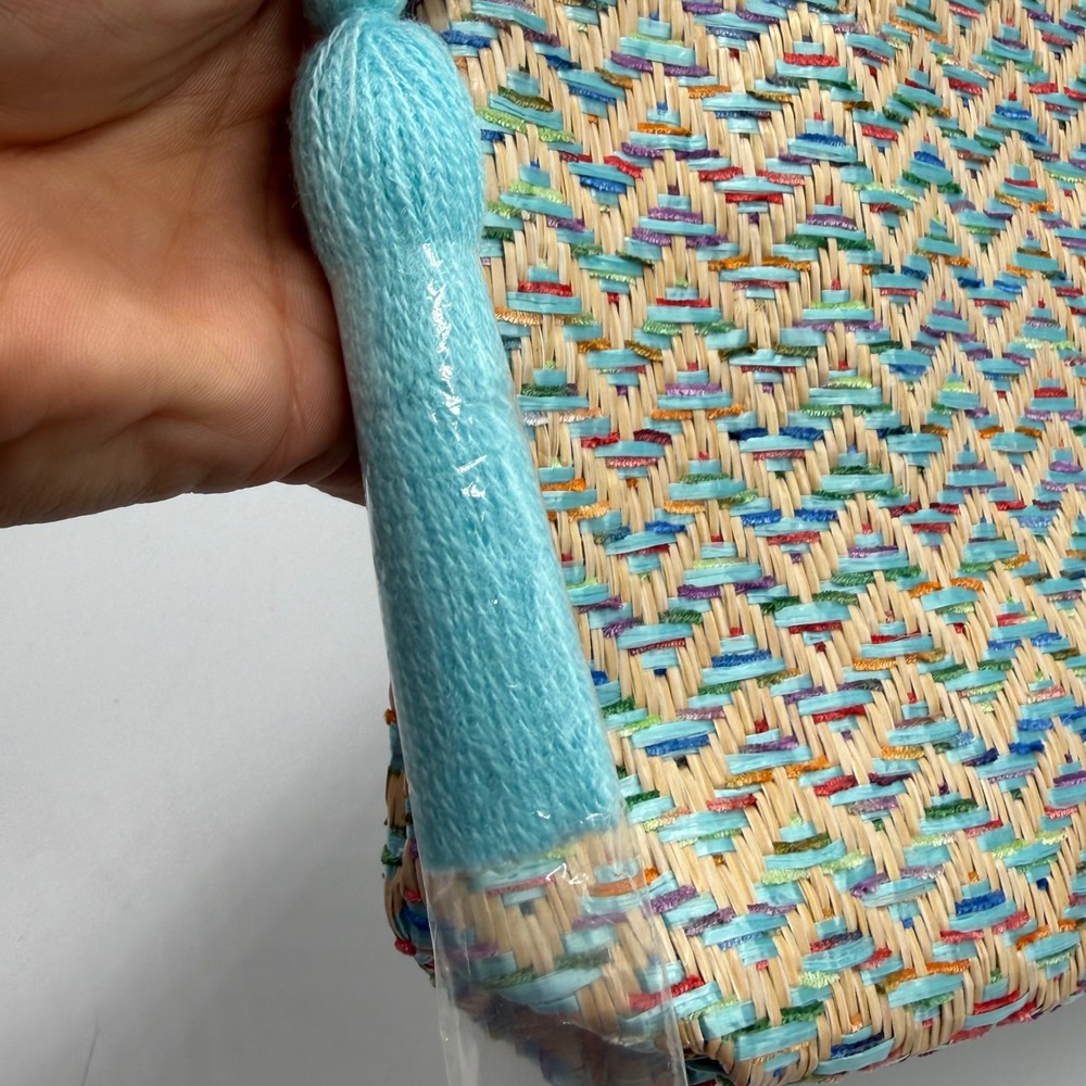 Lancome Paris Woven Straw Makeup Bag OS Teal Multi Chevron Boho Tassel Pouch - Picture 2 of 7
